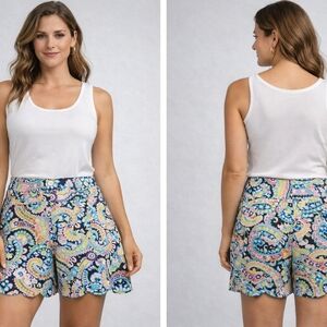 Selby Navy Multicolor Paisley Scallop-Hem Shorts
